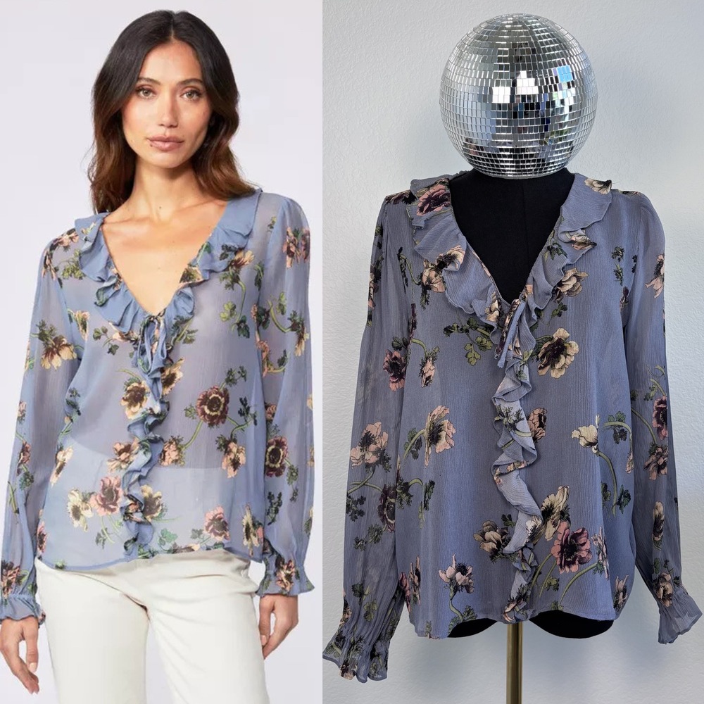 PAIGE Karin Blouse Sz Small in Flint | Blue Floral Silk Ruffle V-Neck Top‎ Flowy